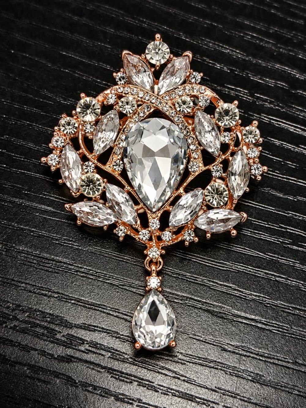 Rose Gold Crystal Rhinestone Brooch Pin Elegant Teardrop Dangle Statement Jewelr